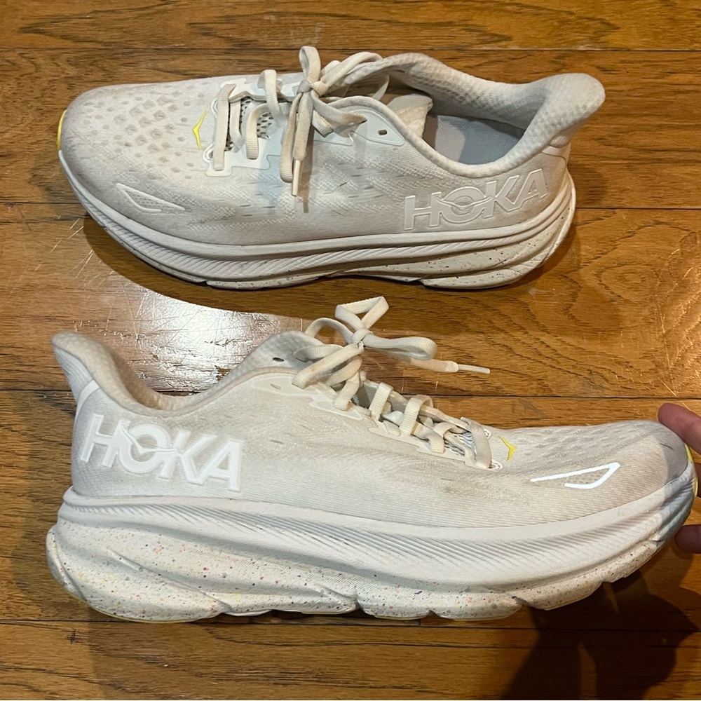 Hoka White Athletic Running Shoes with Subtle Yellow Accent